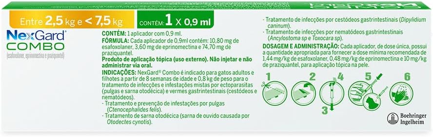 Nexgard COMBO Antipulgas e Sarna e Vermífugo para Gatos de 2,5kg a 7,5 kg - 1 aplicador