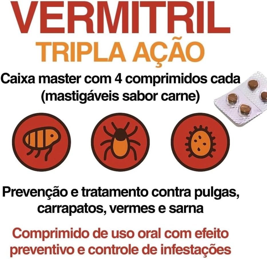 Vermitril Cats Antipulgas carrapatos sarnas e vermes 4 comprimidos sabor carne