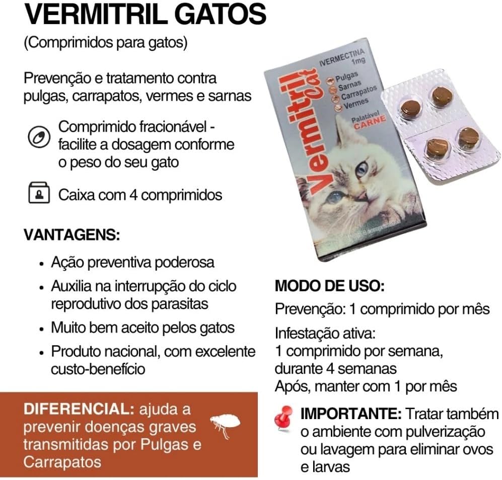 Vermitril Cats Antipulgas carrapatos sarnas e vermes 4 comprimidos sabor carne