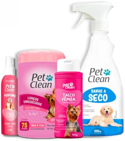 Kit Banho a Seco 500ml + Talco 100g + Lenço Umedecido 75un + Perfume 120ml Pet Clean - Higiene e Limpeza para Cães e Gatos (Filhote)