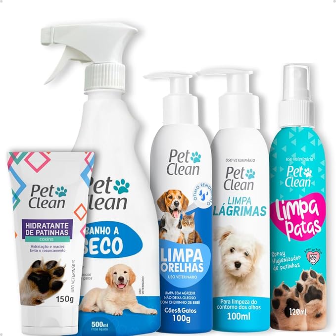 Kit Higiene 5 em 1: Banho a Seco Sem Enxague + Spray Limpa Patas + Limpador de Ouvidos Cera Orelhas + Limpa Lágrimas Ácidas Olhos + Hidratante de Patinhas - Pet Clean