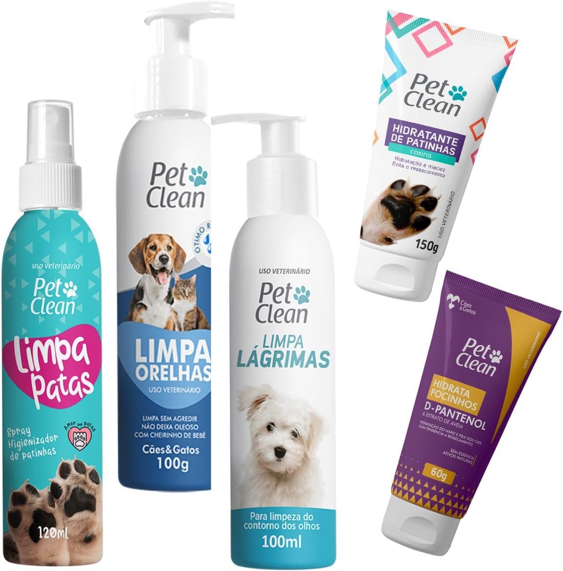 Kit Cuidado Higiene Pet Limpa Patas Lágrimas Orelhas e Hidratante de Patas e Focinho Pet Clean