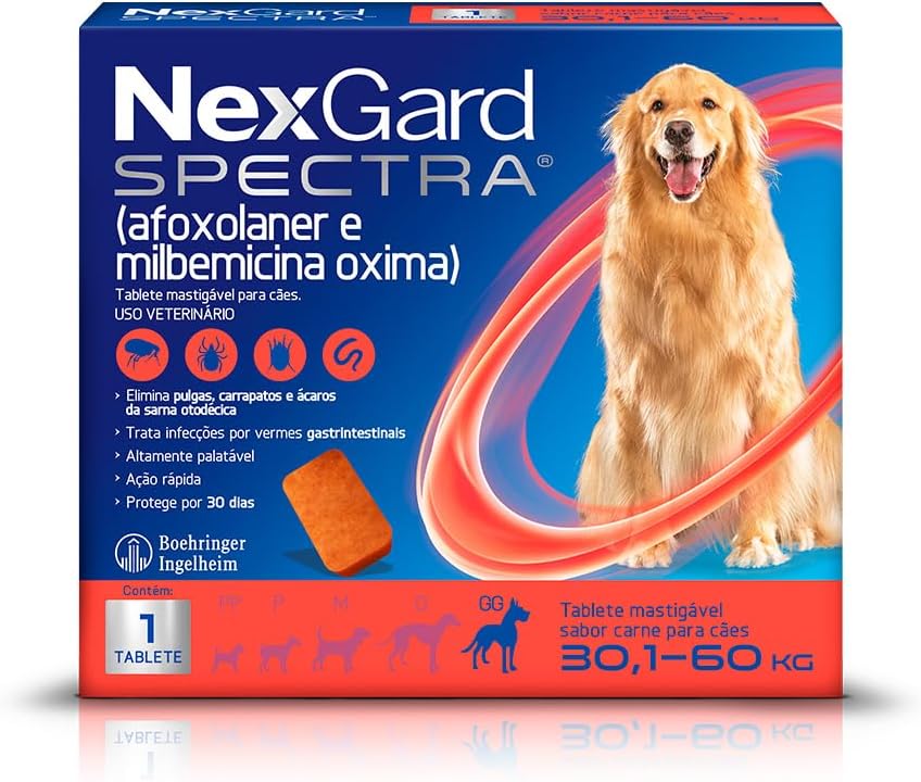 NexGard Spectra Antipulgas e Carrapatos e Vermífugo para Cães de 30,1 a 60kg - 1 tablete