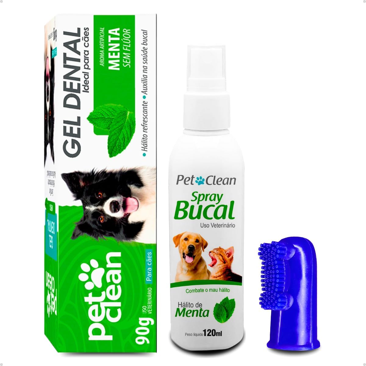 Pet Clean Kit Higiene Bucal para Cães e Gatos: Gel Dental 90g + Spray Bucal Menta 120ml + Escova Dedeira Combate Mau Hálito e Tártaro - Menta