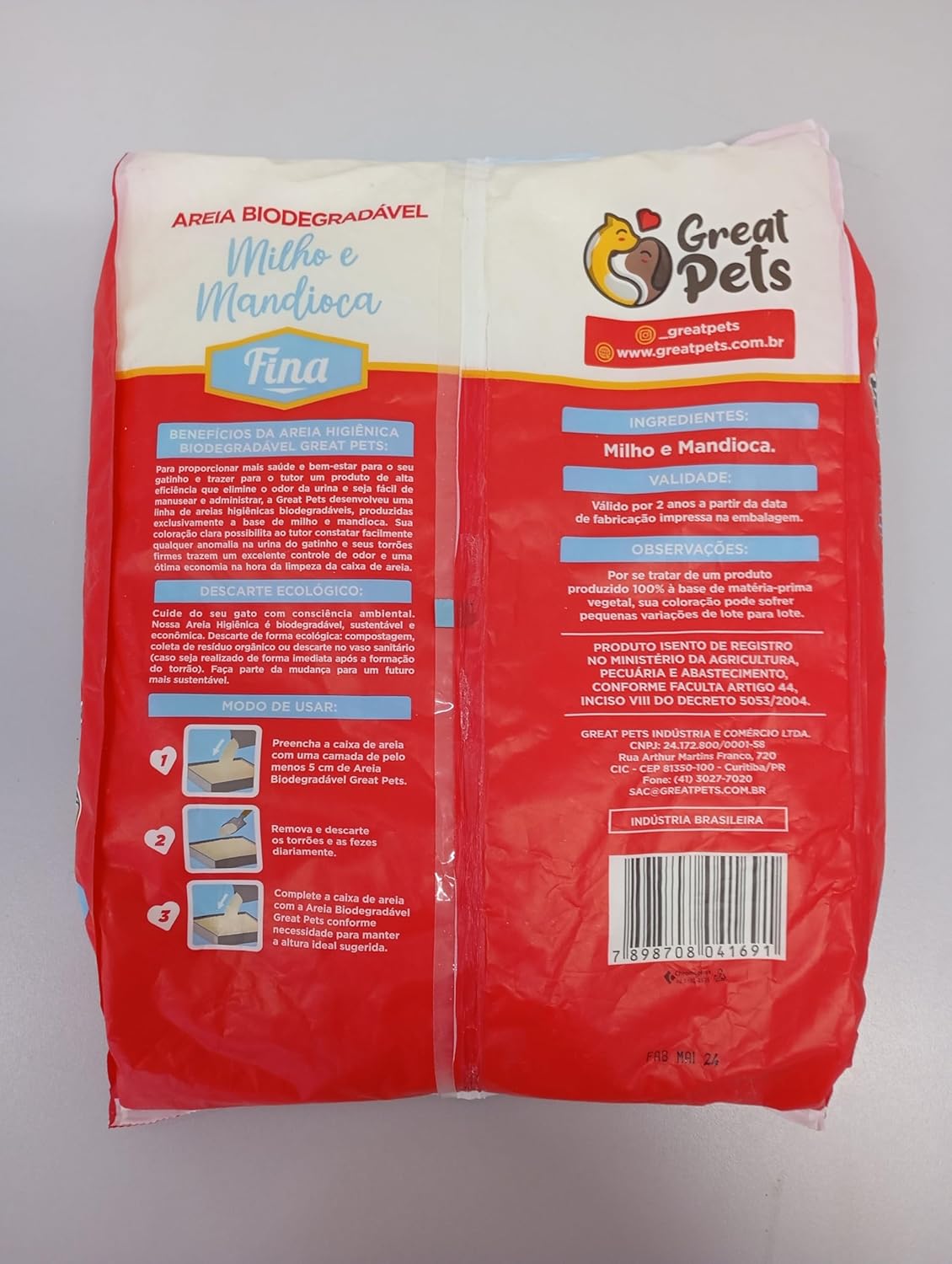 Areia Biodegradável Milho E Mandioca Fina Great Pets 3,8kg